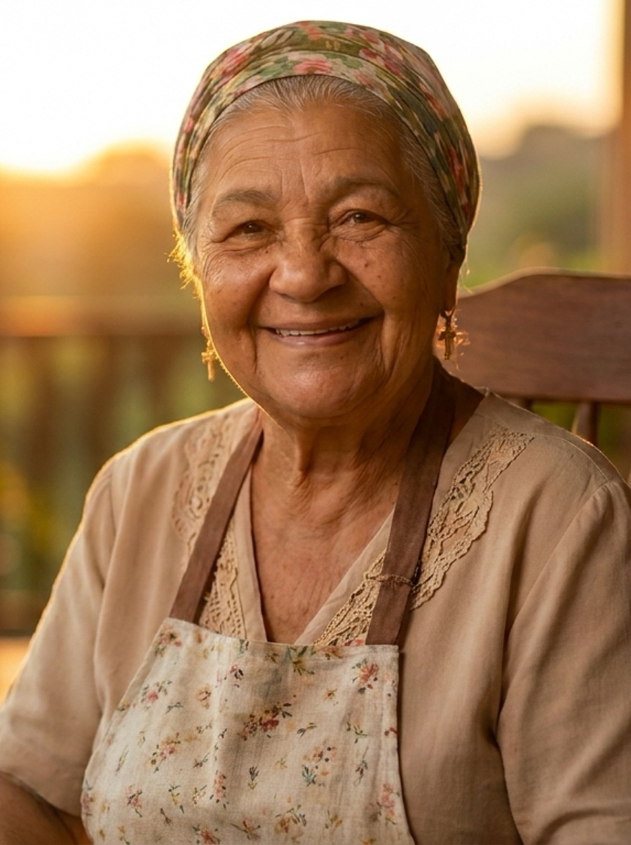 Dona Benedita, uma senhora de lenço na cabeça, segurando uma caneca de chá nas mãos